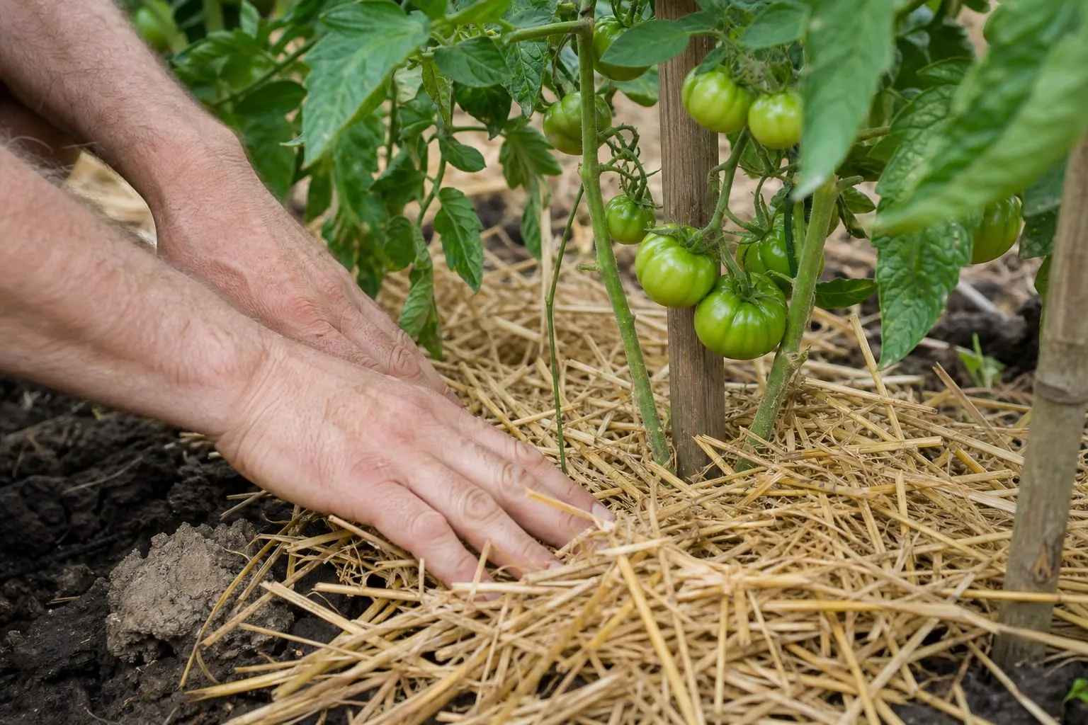 Gros plan sur des mains qui étalent un paillis de paille doré au pied de pieds de tomates, terre sombre et humide visible entre les brins.