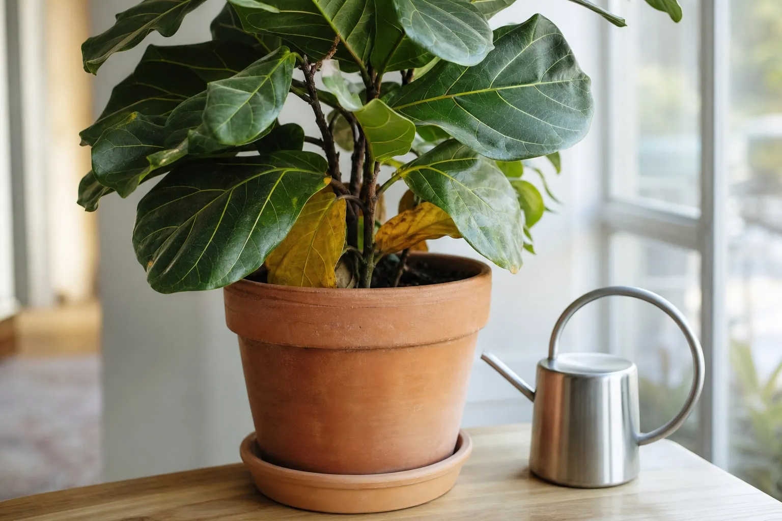 Plante d'intérieur en pot de terre cuite près d'une fenêtre lumineuse, quelques feuilles basses jaunies parmi le feuillage vert, arrosoir posé à côté.