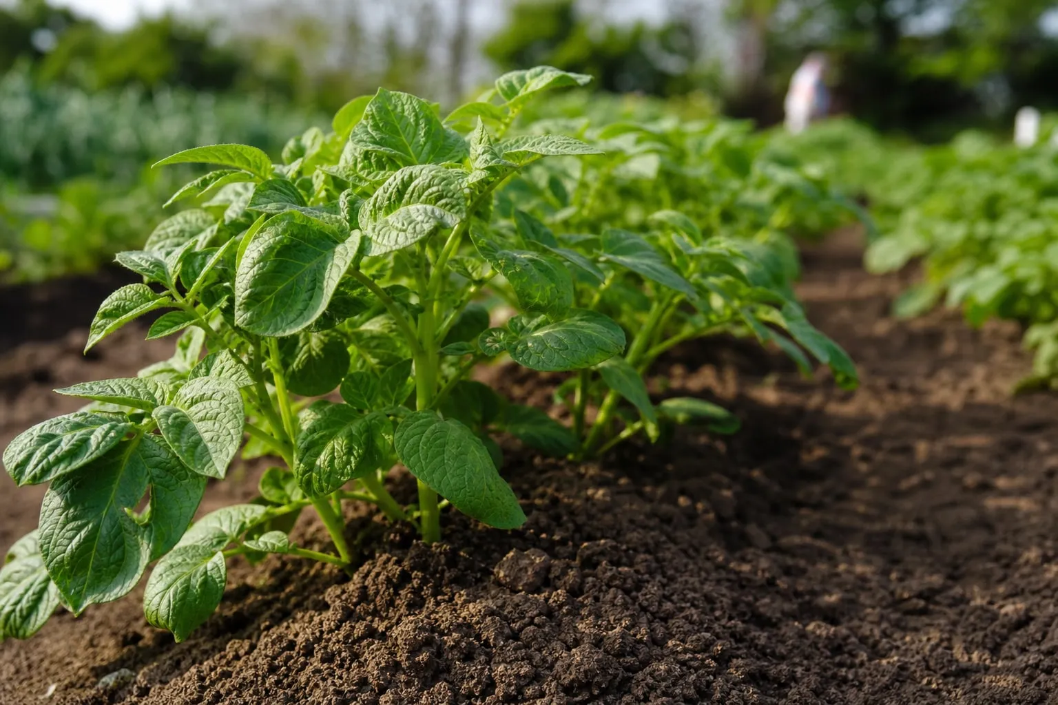 Gros plan sur un rang de pommes de terre buttées en terre brune, feuillage vert vigoureux.