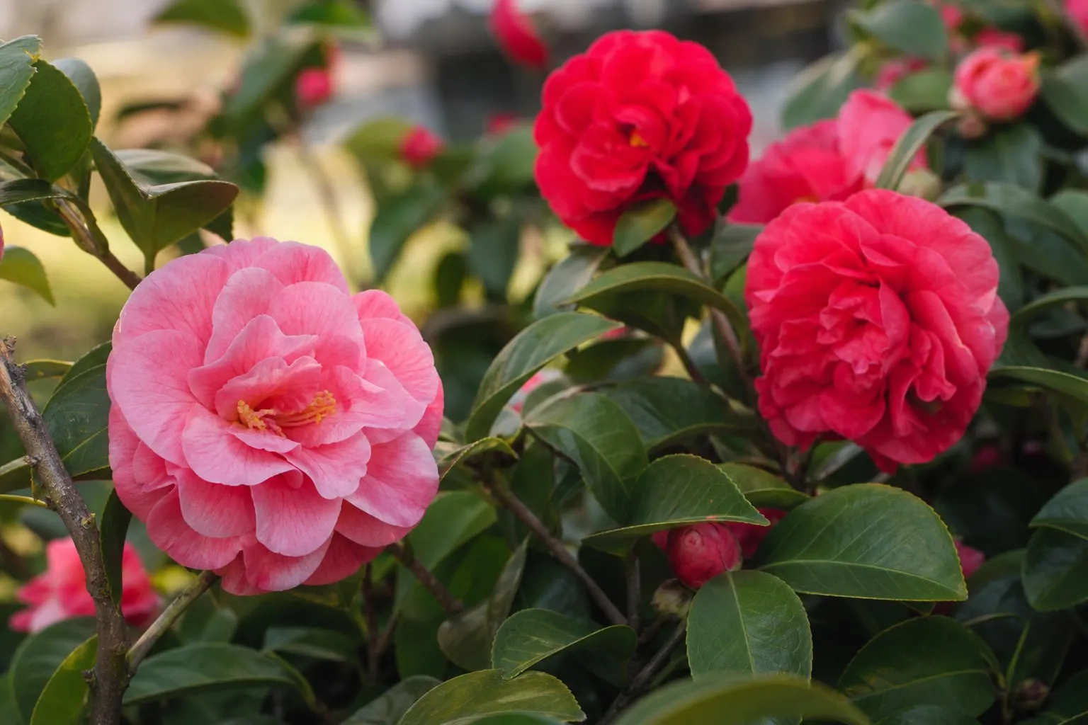Gros plan sur des fleurs de camélia rose et rouge épanouies sur un arbuste au feuillage vert brillant.