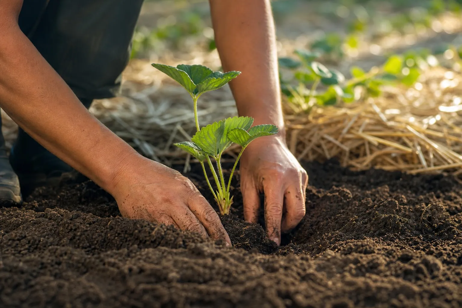 Mains plantant un jeune plant de fraisier dans une terre brune, collet dégagé au niveau du sol, rangée de fraisiers paillés derrière.