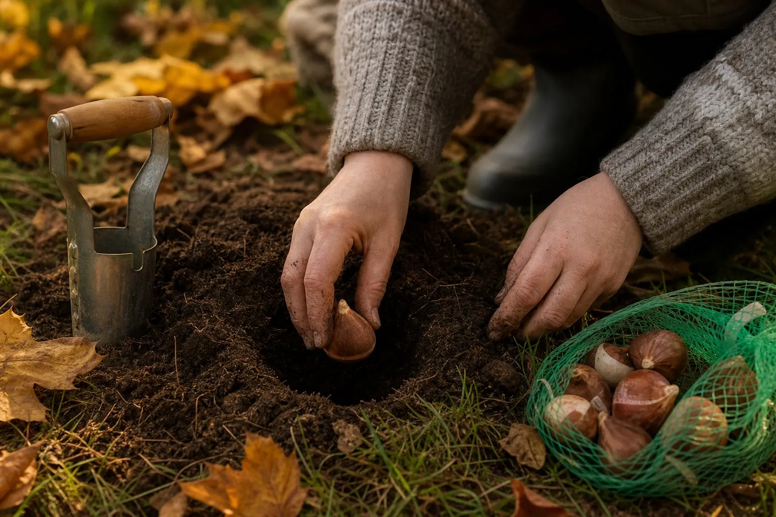 Mains déposant des bulbes de tulipes au fond d'un trou creusé dans une terre brune, plantoir à bulbes posé sur l'herbe à côté.