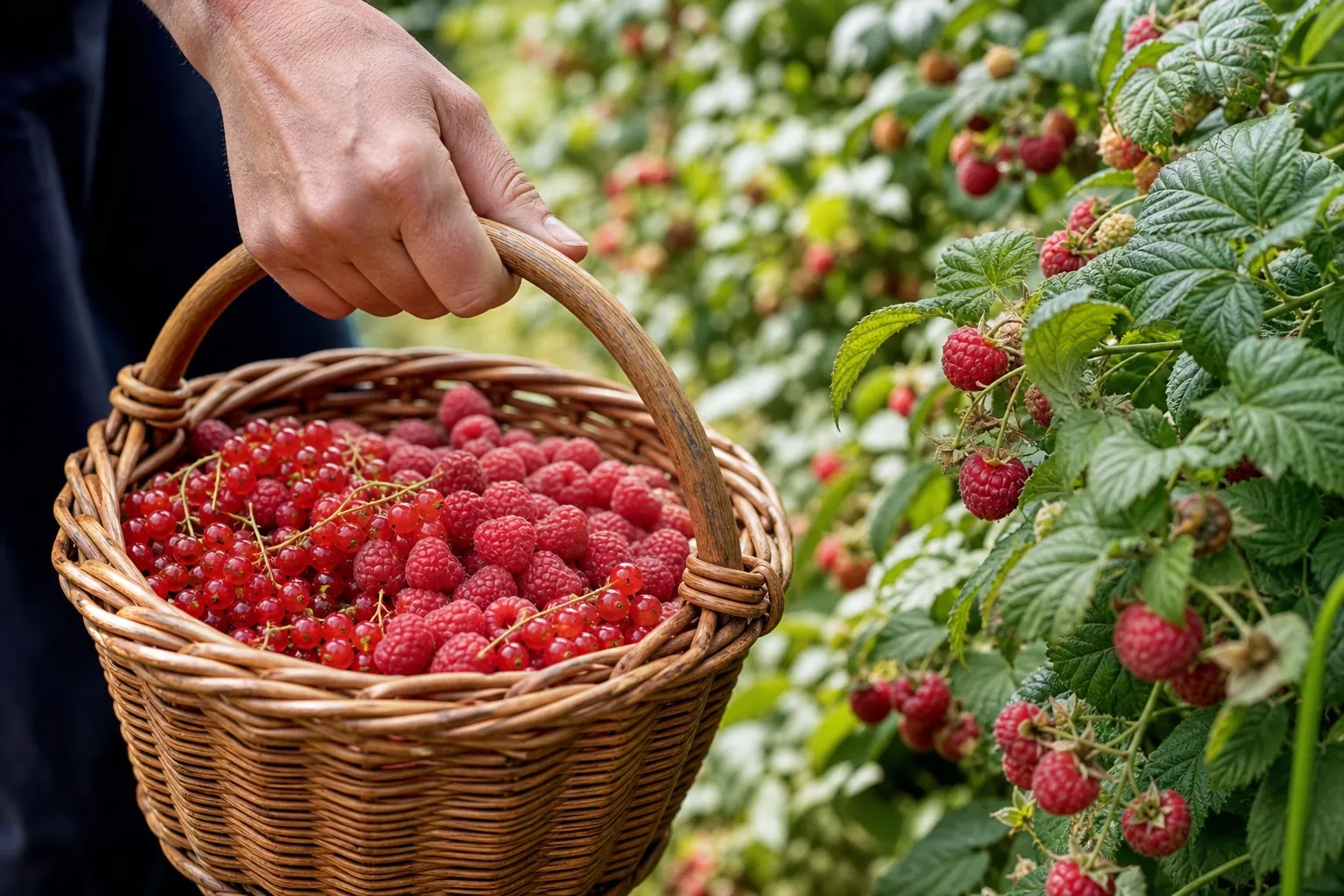 Main tenant un panier en osier rempli de framboises et de groseilles fraîchement cueillies devant un rang de framboisiers palissés.