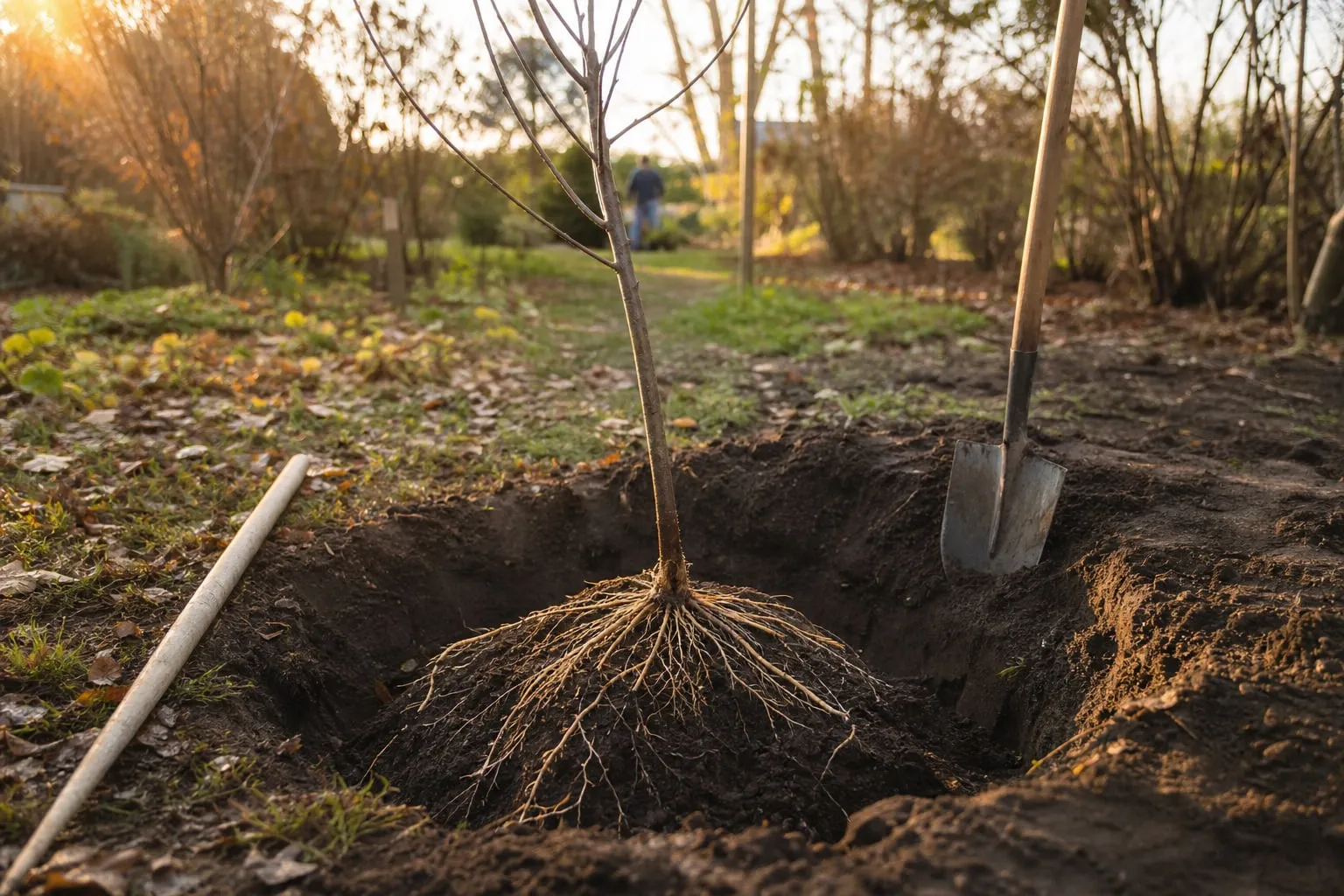Jeune arbre à racines nues posé dans un large trou de plantation, racines étalées sur un monticule de terre, bêche et tuteur à côté.