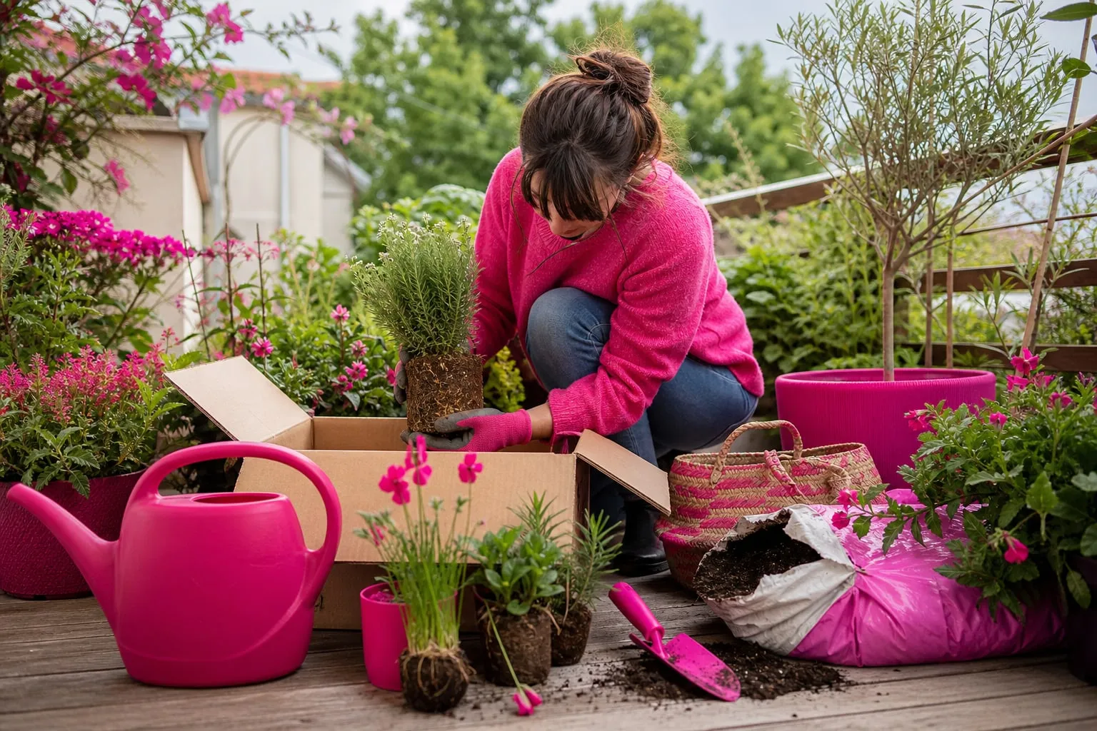Une jardinière prépare sur une terrasse des plantes en pots, des vivaces et des outils avant leur plantation.