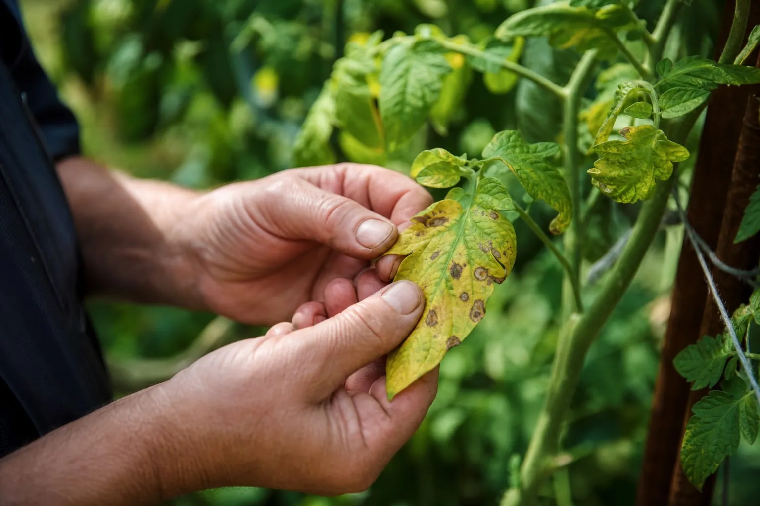 Gros plan sur un plant de tomate avec des feuilles basses jaunies et tachées, examinées à la main dans un potager en été.