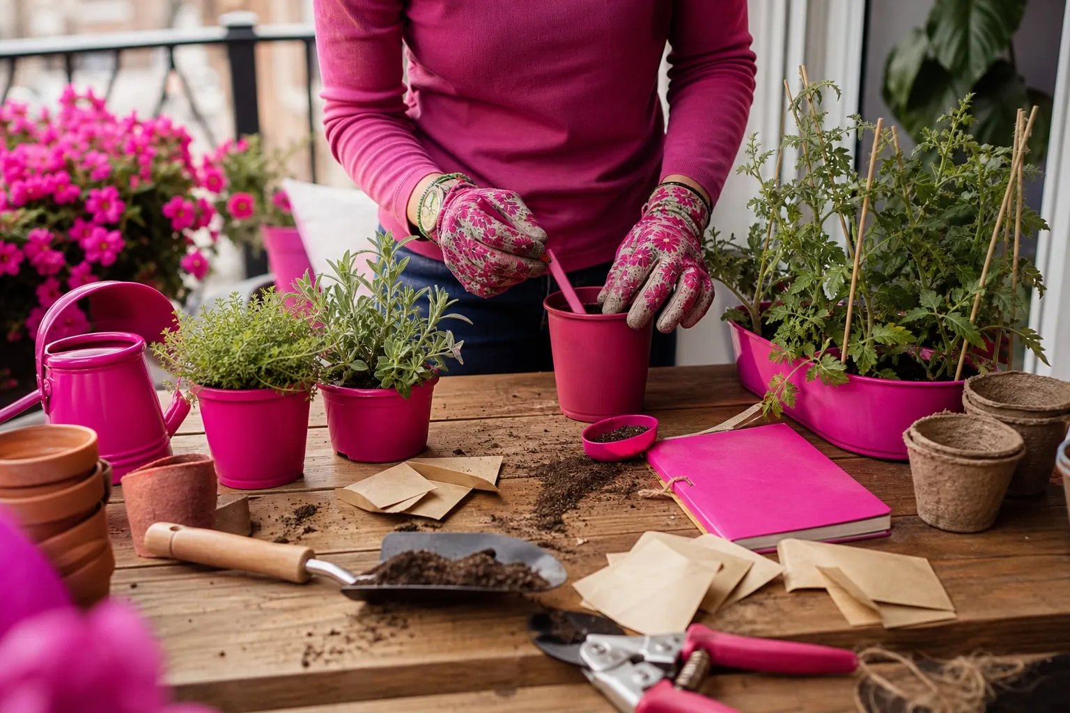 Un balcon urbain aménagé avec des semis d’aromatiques, des sachets de graines, des contenants et une plante d’intérieur prête à être installée —.