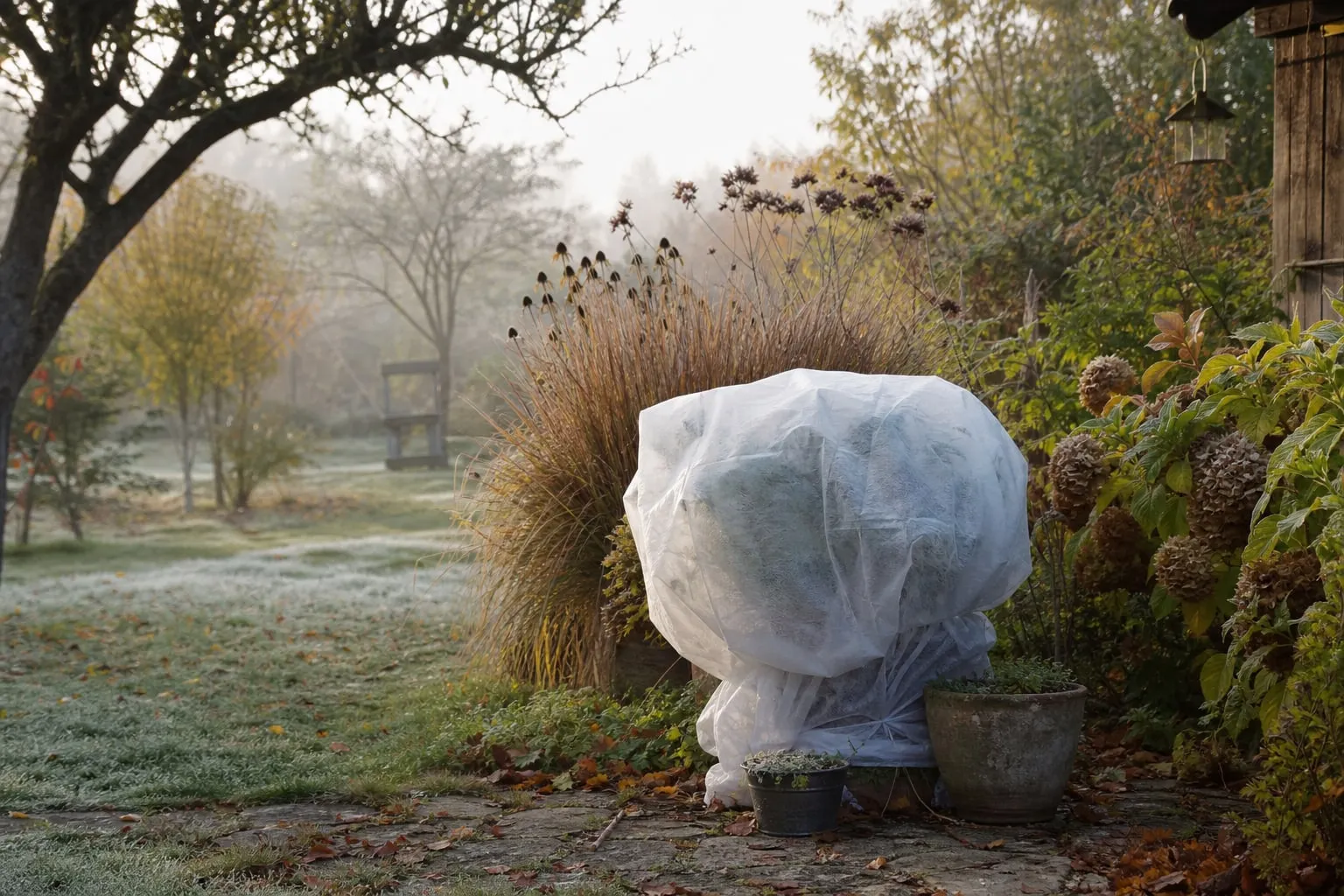 Jardin d'automne au petit matin avec un voile d'hivernage posé sur des plantes en pot, légère brume et givre naissant.