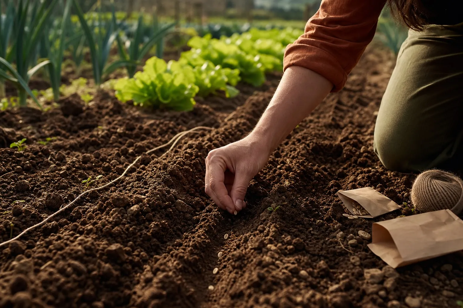 Mains semant de petites graines dans un sillon tracé sur une terre fine, sachets de graines posés au sol devant des rangs de jeunes salades.