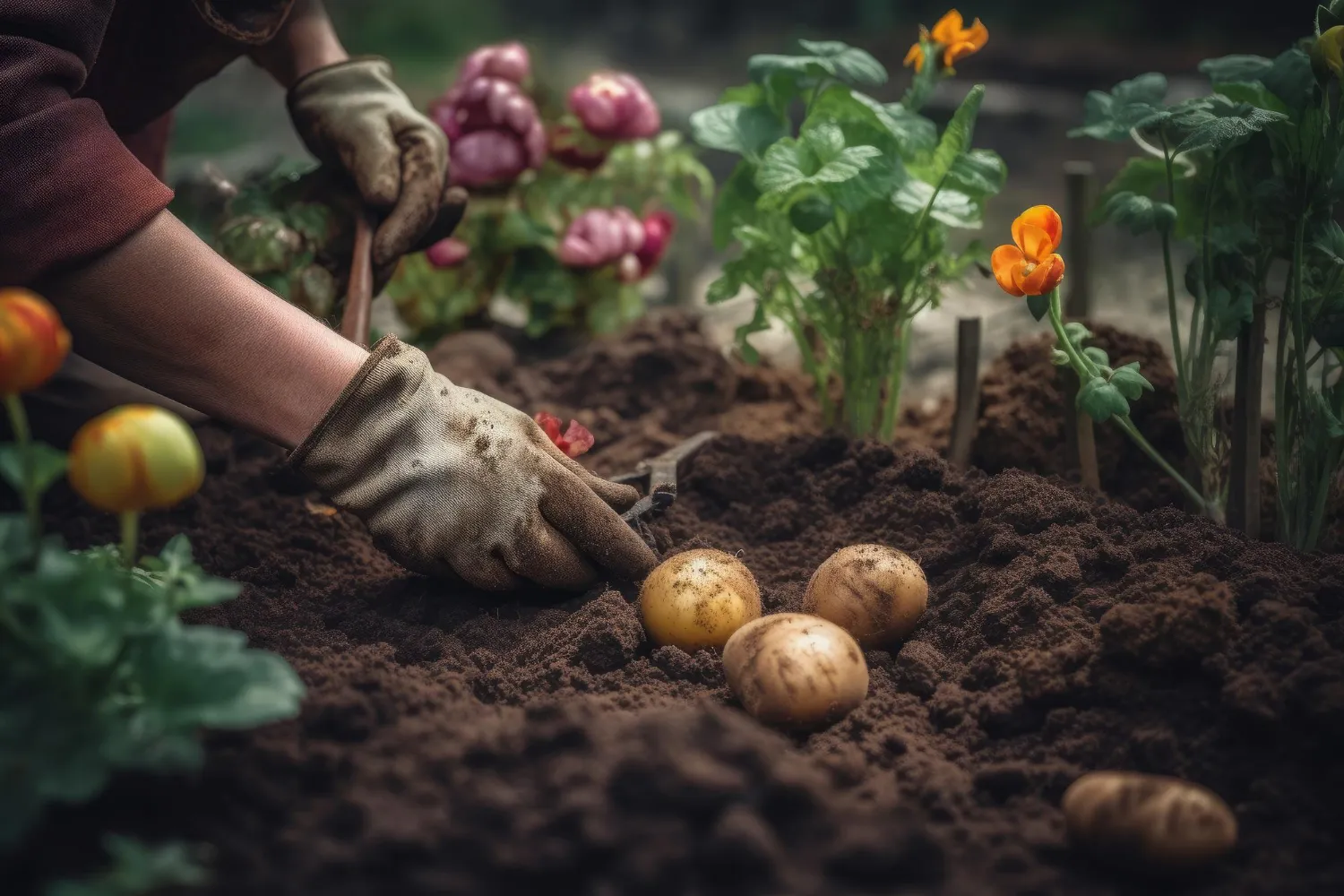 Un jardinier sème des pois dans une planche de potager ressuyée, protégée par un petit tunnel, à la fin de l’hiver.