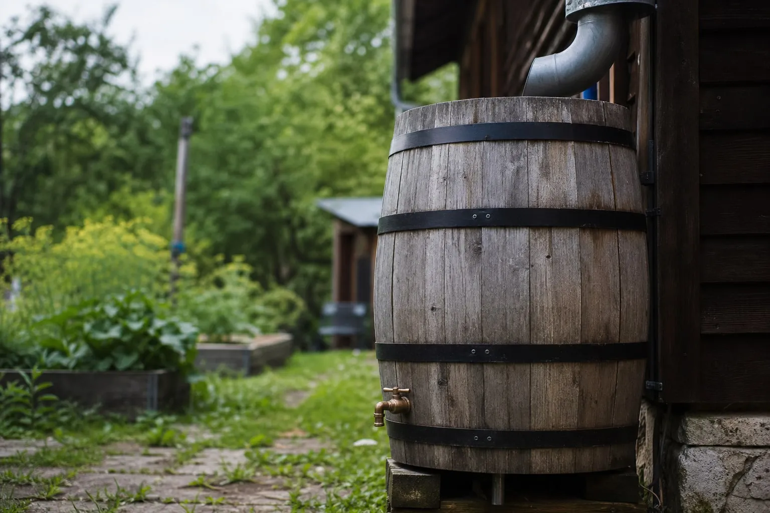 Gros plan sur un récupérateur d'eau de pluie en bois posé sous une gouttière, robinet visible à la base.