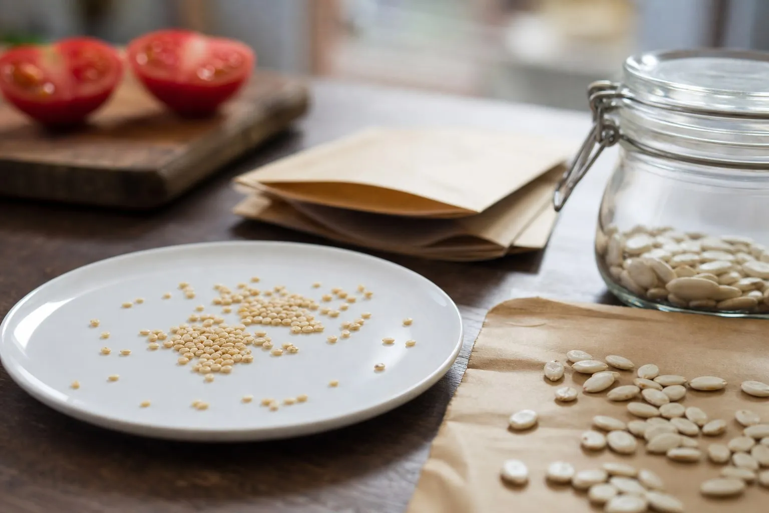 Graines de tomates et de haricots en train de sécher sur une assiette blanche, à côté de sachets en papier kraft et d'un bocal en verre.