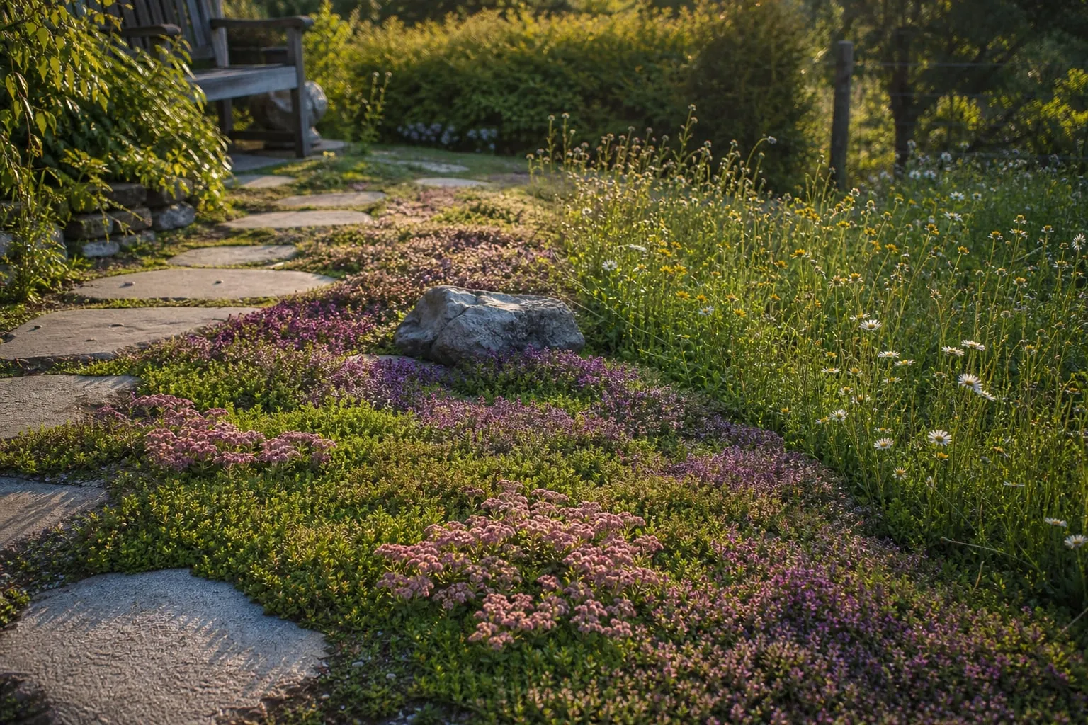 Allée de jardin bordée d'un couvre-sol fleuri à petites feuilles et d'une zone de prairie fleurie basse, en lumière de fin d'après-midi.