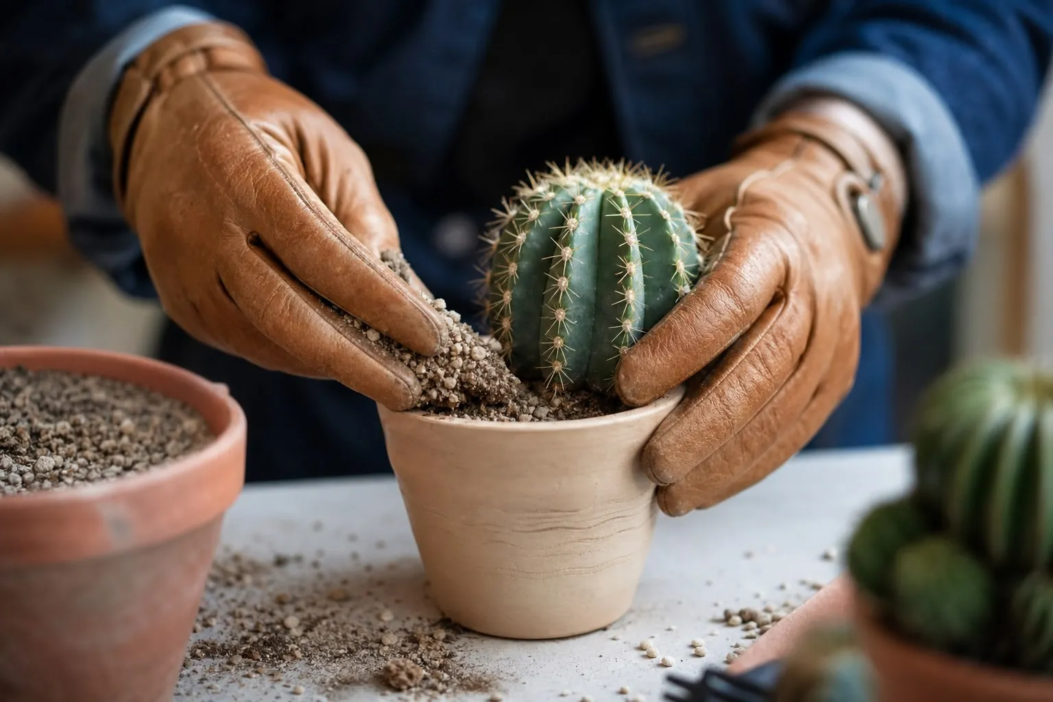 Gros plan sur des mains gantées de cuir qui rempotent un cactus dans un substrat sableux sur une table d'intérieur.