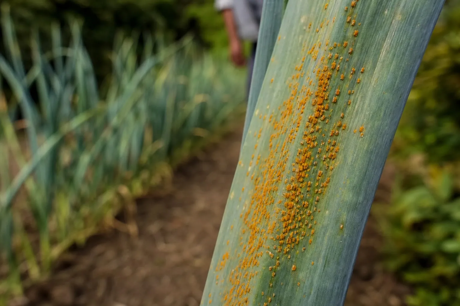 Gros plan sur une feuille de poireau marquée de pustules orangées poudreuses caractéristiques de la rouille.