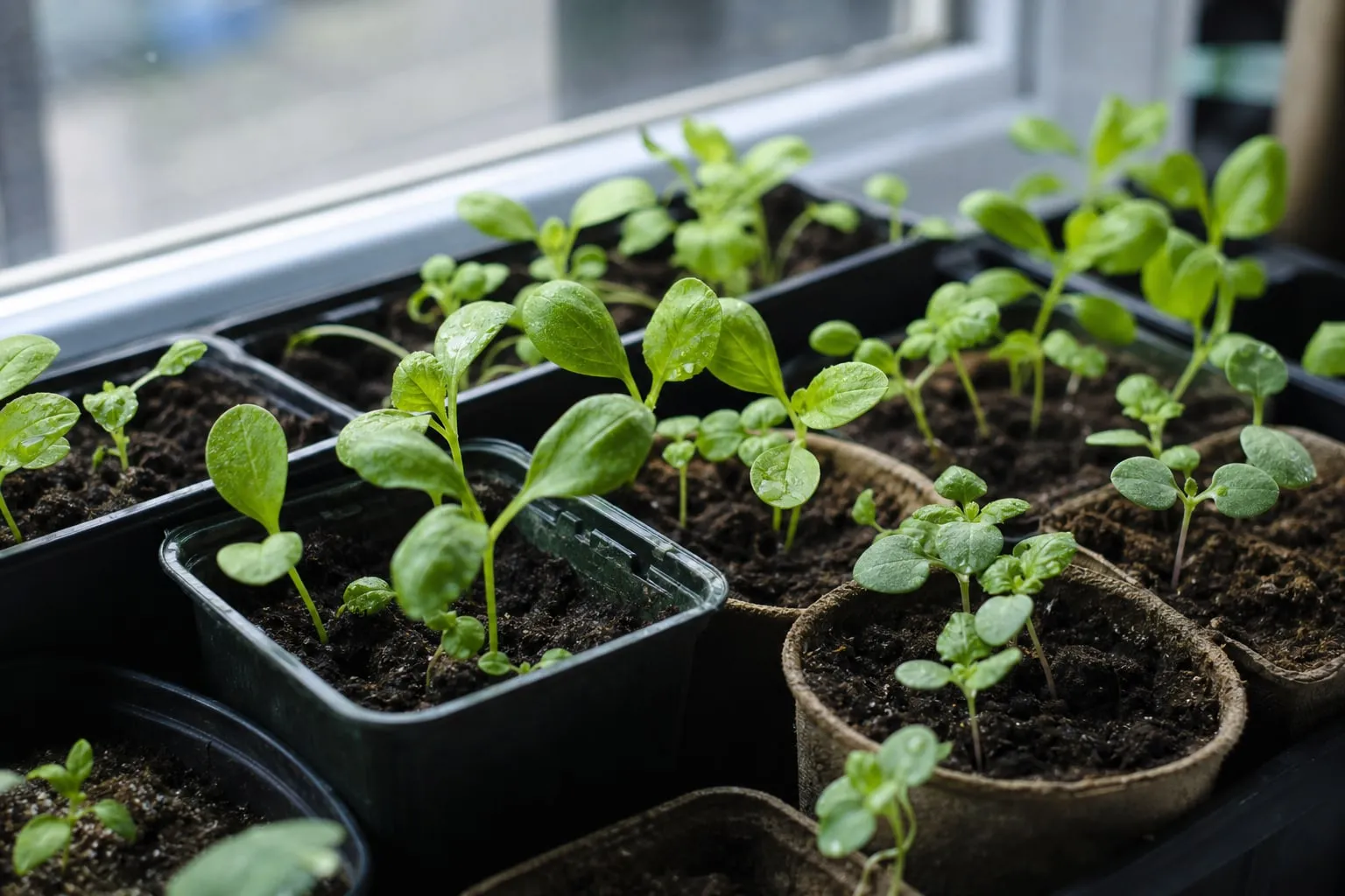 Rangée de godets et de terrines de semis sur un rebord de fenêtre lumineux, jeunes plantules vert tendre sortant du terreau.