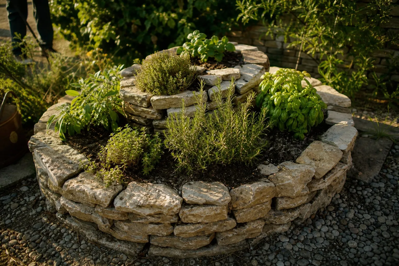 Spirale d'herbes aromatiques en pierres sèches empilées en colimaçon, plantée de thym, romarin et sauge.
