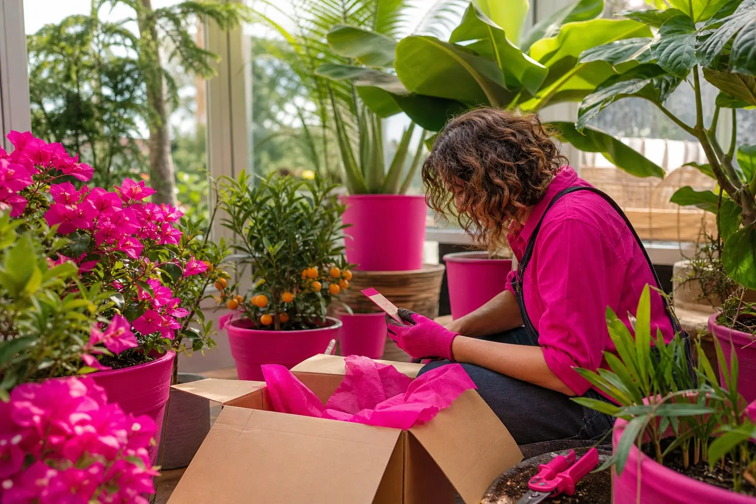Une véranda lumineuse abrite des palmiers, bananiers et plantes tropicales en pots, illustrant le choix d’une jardinerie spécialisée en végétaux exotiques.