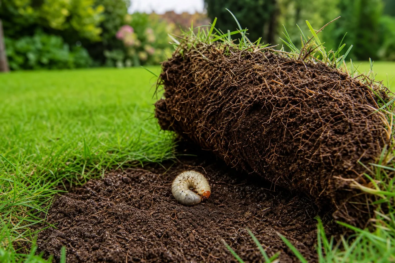 Gros plan sur une plaque de pelouse soulevée comme un tapis, révélant la terre et une larve blanche recourbée en forme de C.