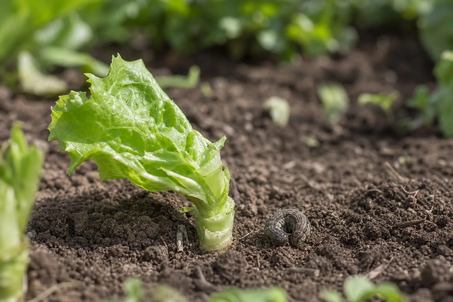 Gros plan sur un jeune plant de salade coupé net à la base au niveau du sol, avec une chenille grise repliée sur la terre à proximité.