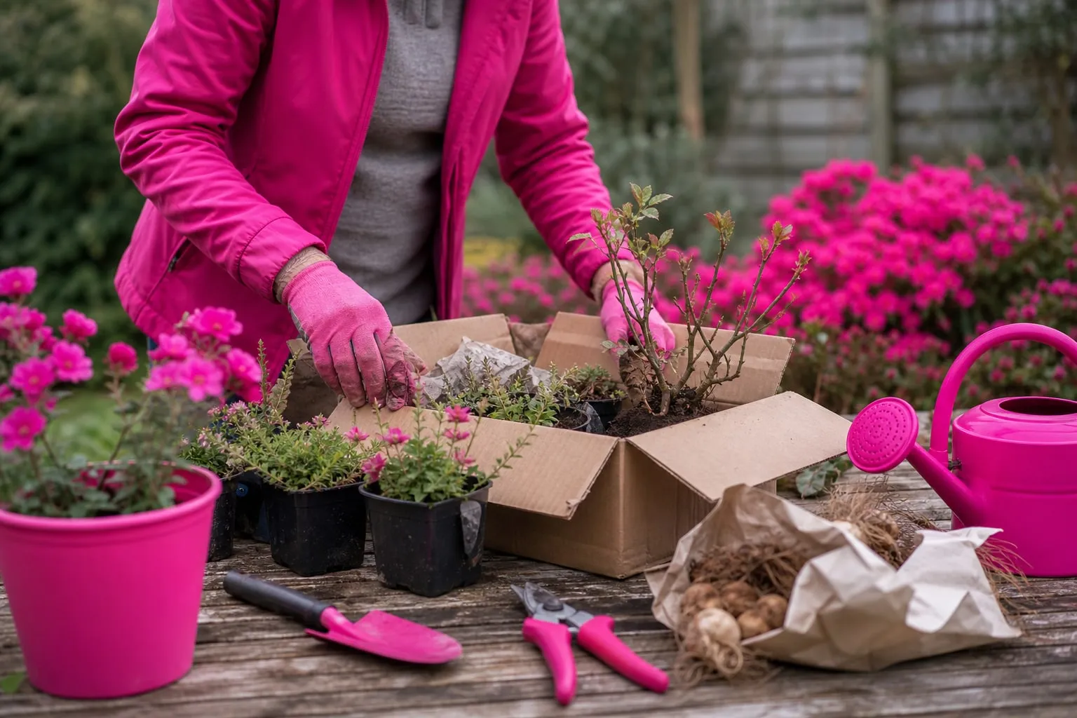 Un jardinier déballe soigneusement des vivaces, un rosier et des bulbes livrés en colis, avant leur plantation dans un jardin familial.